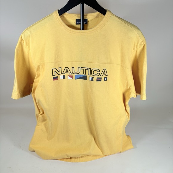 Vintage Nautica Flag T-Shirt Men's Size M Yellow Short Sleeve‎ Spellout Logo - Picture 1 of 5
